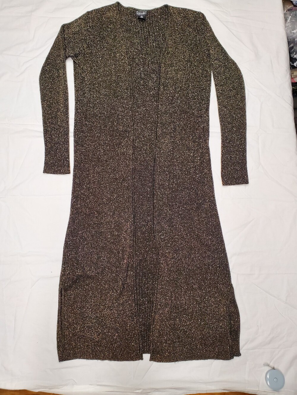 Rafaella Silk Blend Duster Cardigan M Black Gold Metallic Lurex Rib Knit Long